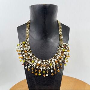 Handcrafted Boho Style Mexican Huichol Artisan Glass Bead Necklace Fringe Design